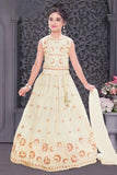 Cream Embroidered Lehenga Choli Set With Sequins Work And Dupatta For Girls
