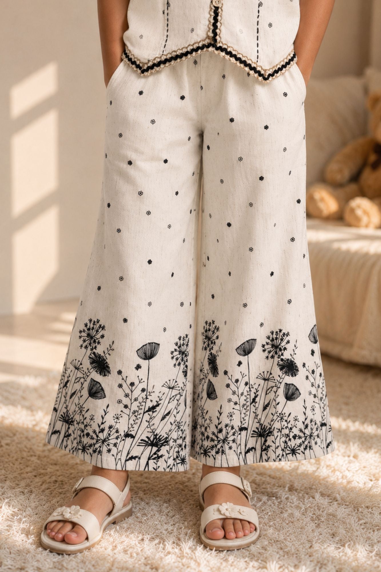 White And Black Printed Sleeveless Co-Ord Set with Wide-Leg Culottes for Girls