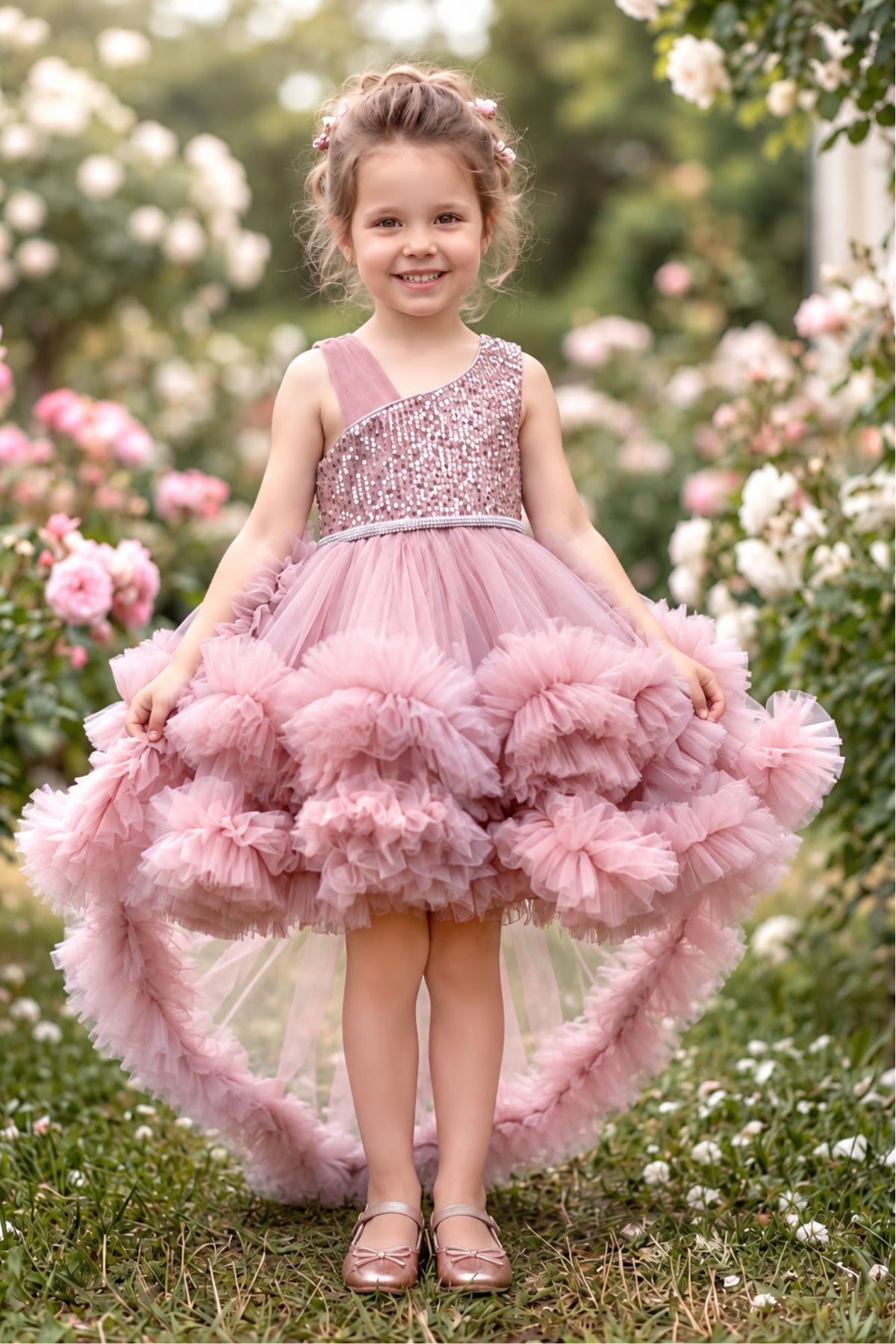 Girls Onion Pink Sequin Layered Ruffle Tailback Party Wear Frock