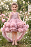Girls Onion Pink Sequin Layered Ruffle Tailback Party Wear Frock