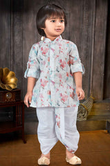 White Full Sleeves And Floral Printed Kurta With Dhoti Set For Boys