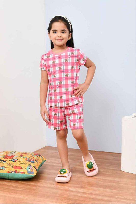 Soft & Stylish Pink Checked And Teddy Bear Printed Night Suit Set for Girls