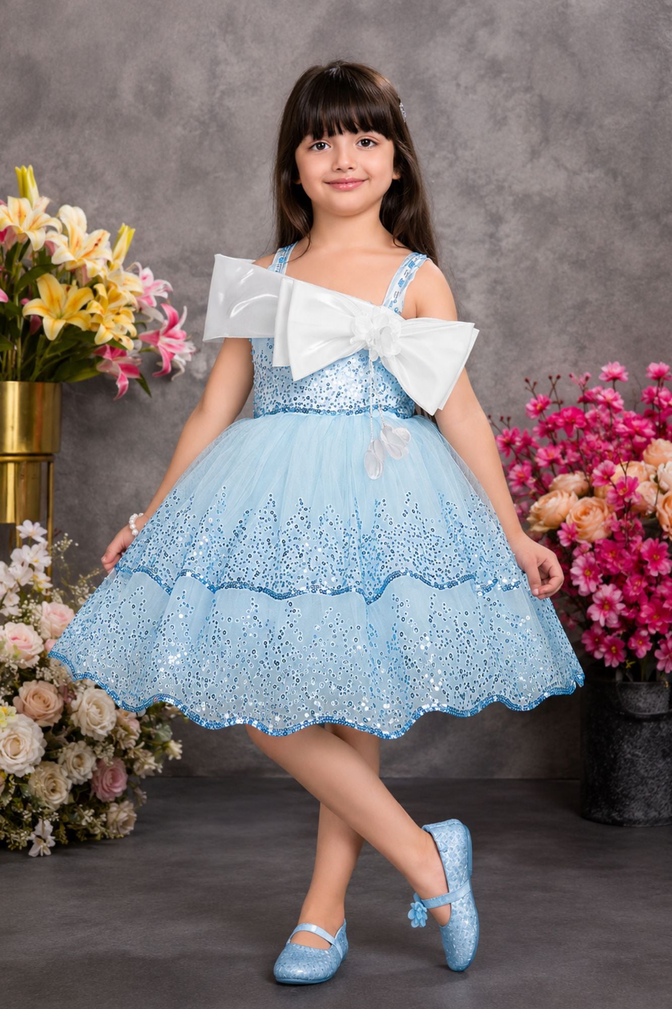 Girls Sky Blue Sequin Bow Party Wear Frock