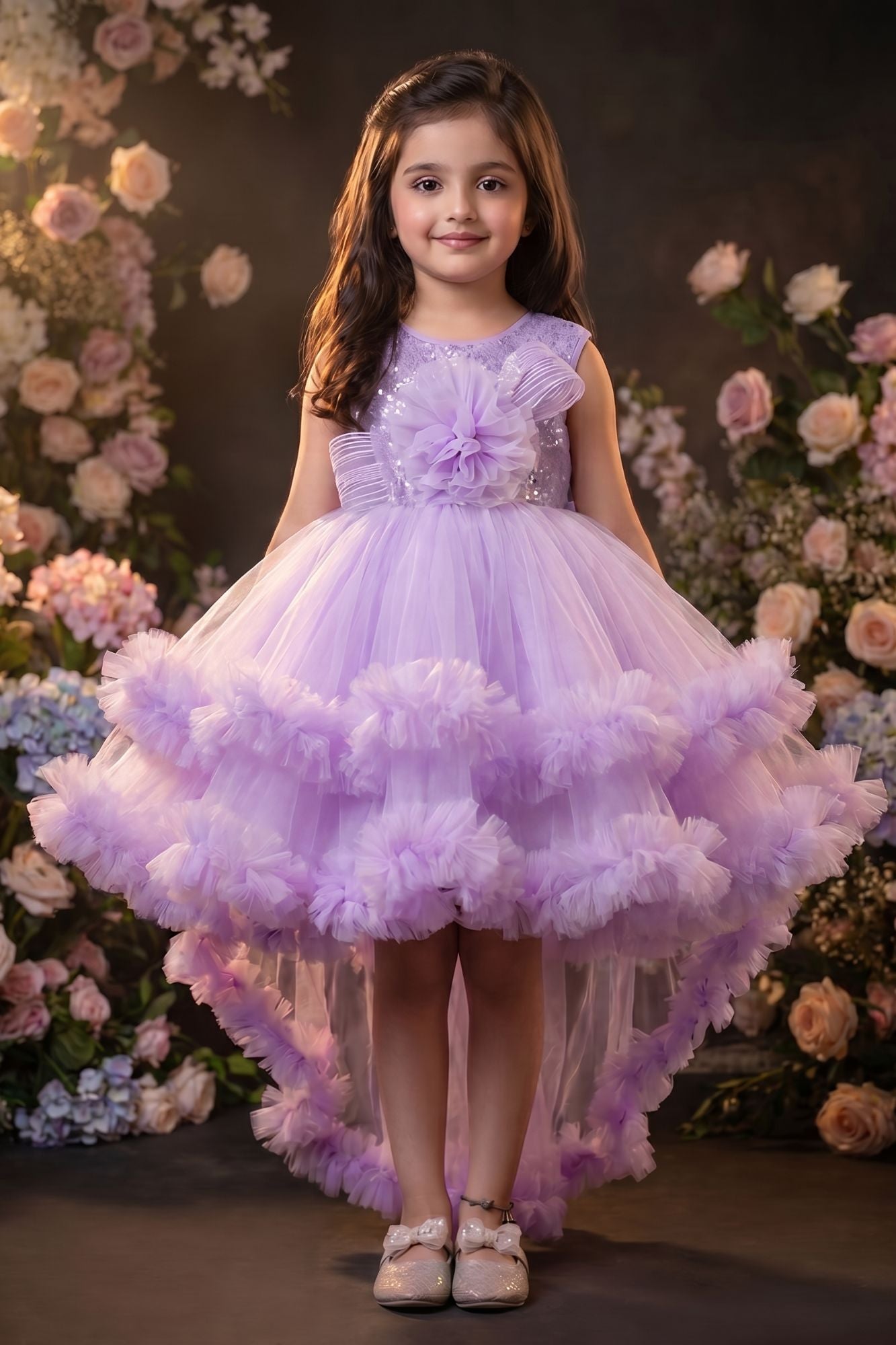 Girls Lavender High Low Party Dress with Sequin Bodice and Layered Tulle