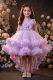 Girls Lavender High Low Party Dress with Sequin Bodice and Layered Tulle
