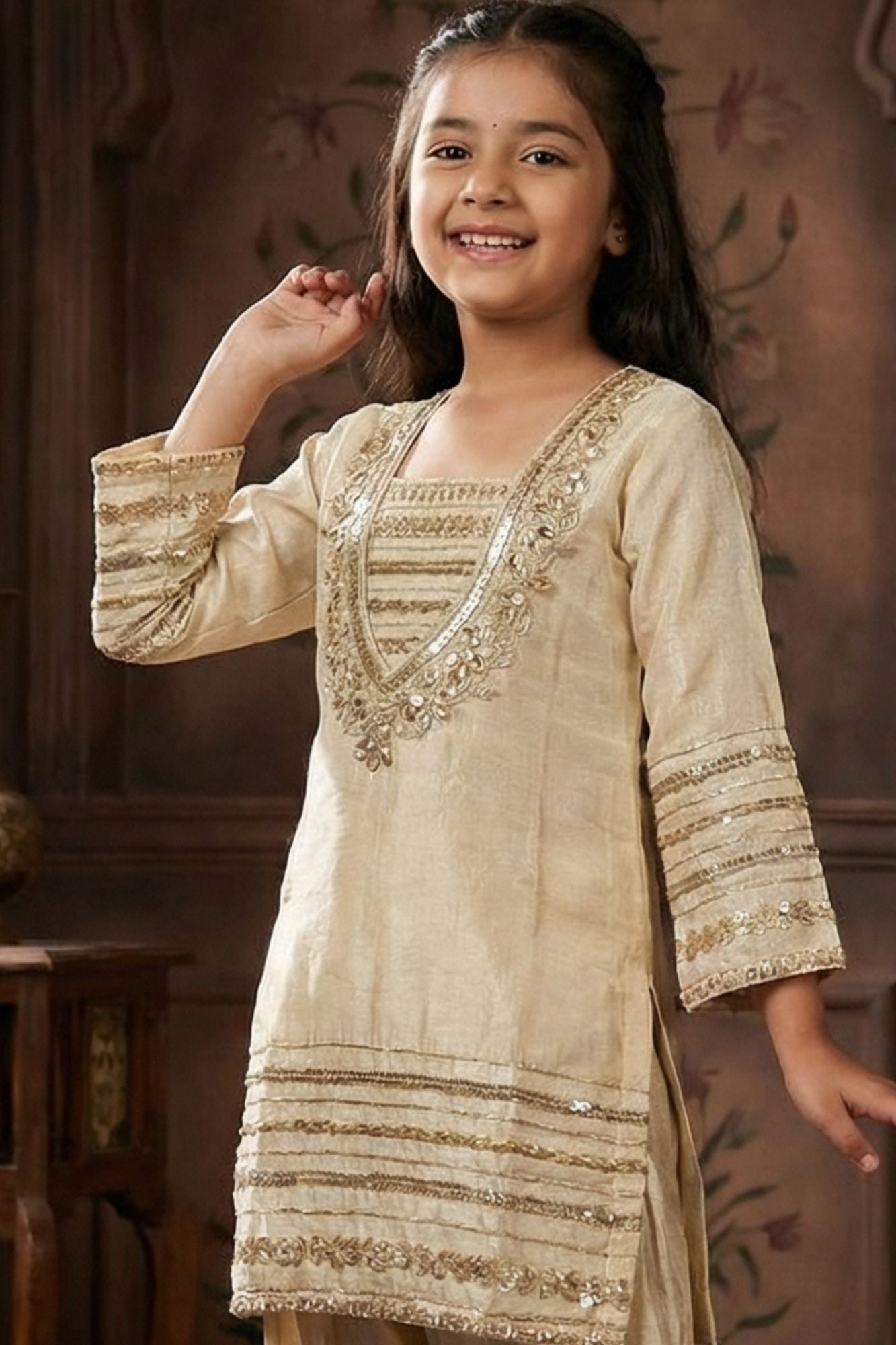 Girls Ivory Embroidered Kurta Set