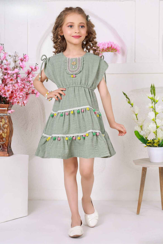 Green Pom-Pom Cotton Frock with Embroidered Yoke For Girls