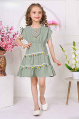 Green Pom-Pom Cotton Frock with Embroidered Yoke For Girls