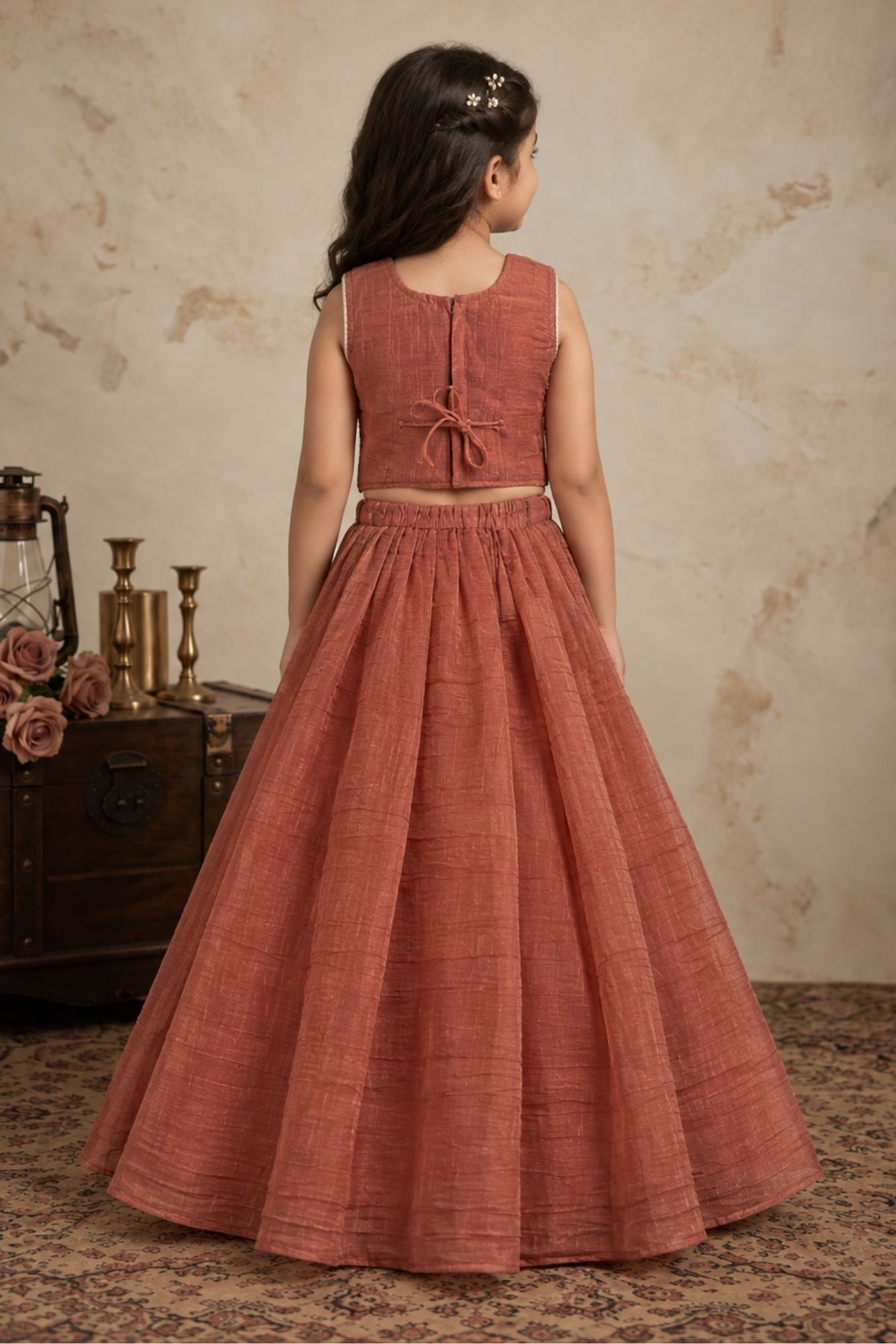 Girls Rust Orange Sleeveless Embroidered Lehenga Choli Set