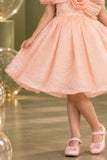 Peach One-Shoulder Party Frock with 3D Floral Bow For Girls