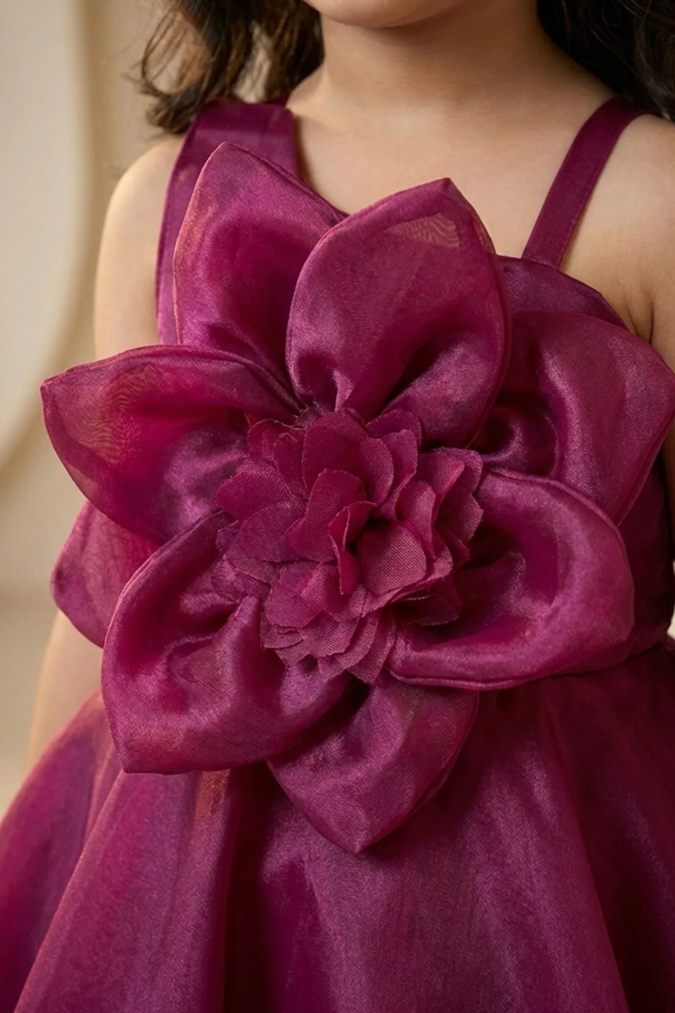 Wine Organza Frock With Floral Embellished For Girls