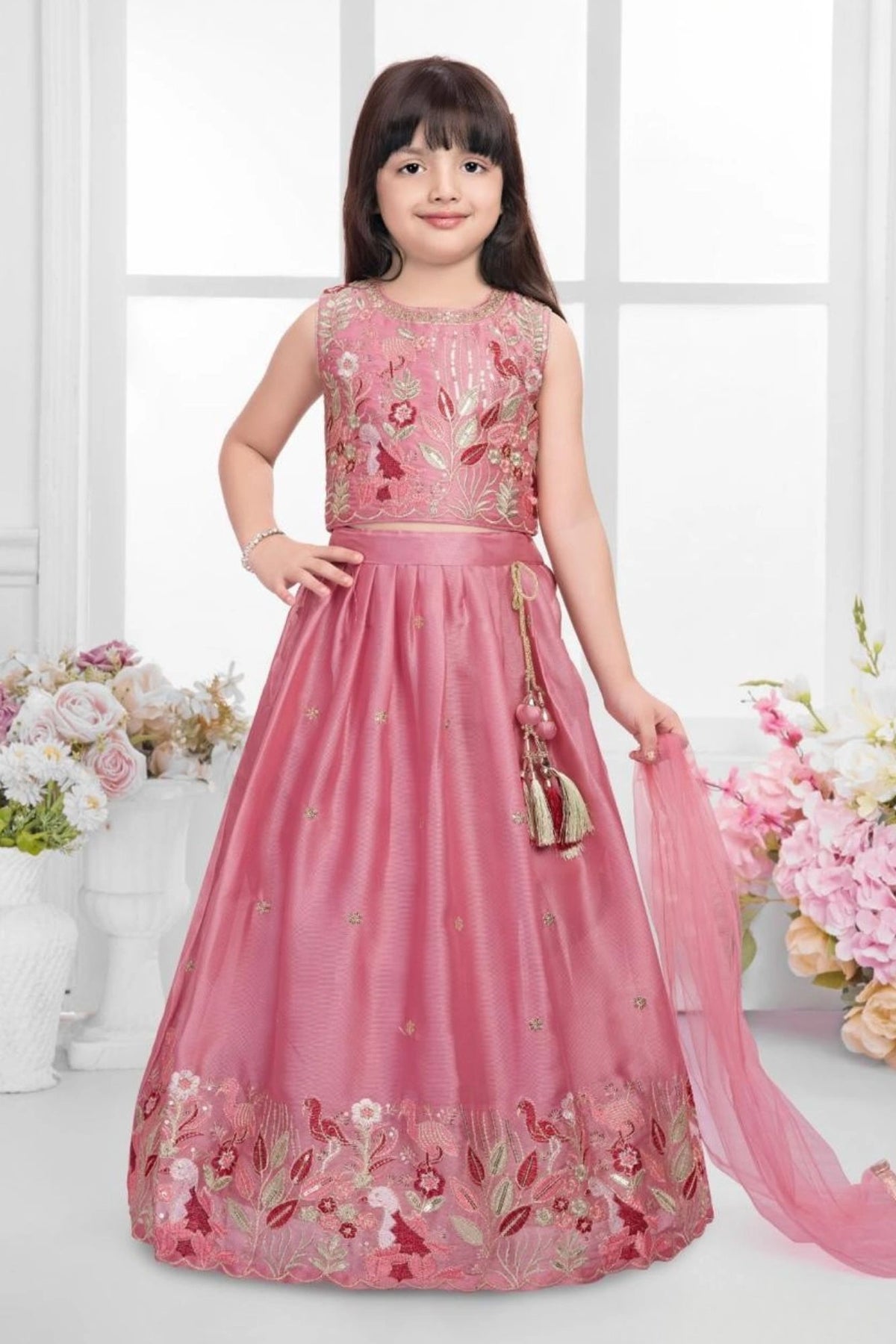 Pink Floral Embroidered Lehenga Choli with Dupatta For Girls