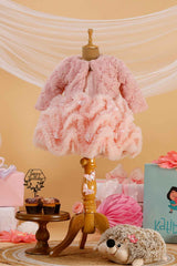 Pink Ruffled And Sequin Frock With Overcoat For Girls