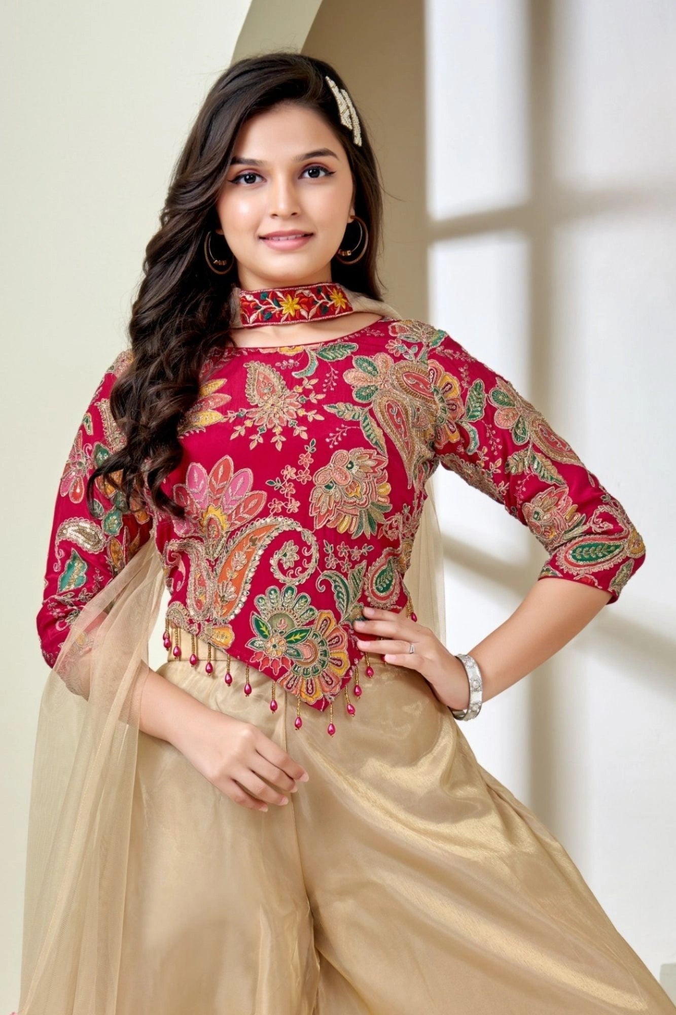 Pink Embroidered Top with Cream Palazzo Set For Girls