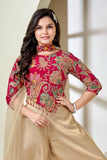 Pink Embroidered Top with Cream Palazzo Set For Girls