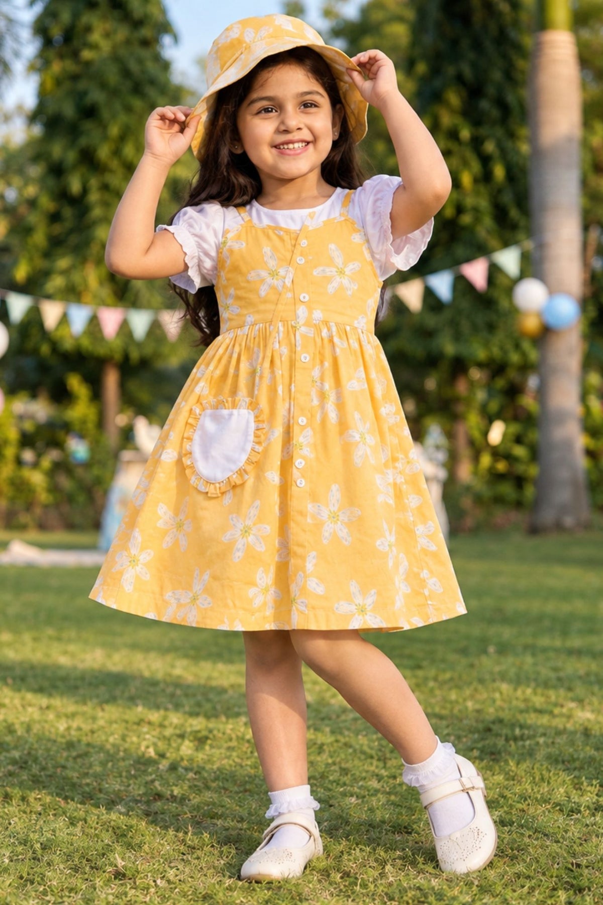 Yellow Floral Printed Dress And Matching Sling Bag For Girls