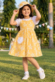 Yellow Floral Printed Dress And Matching Sling Bag For Girls