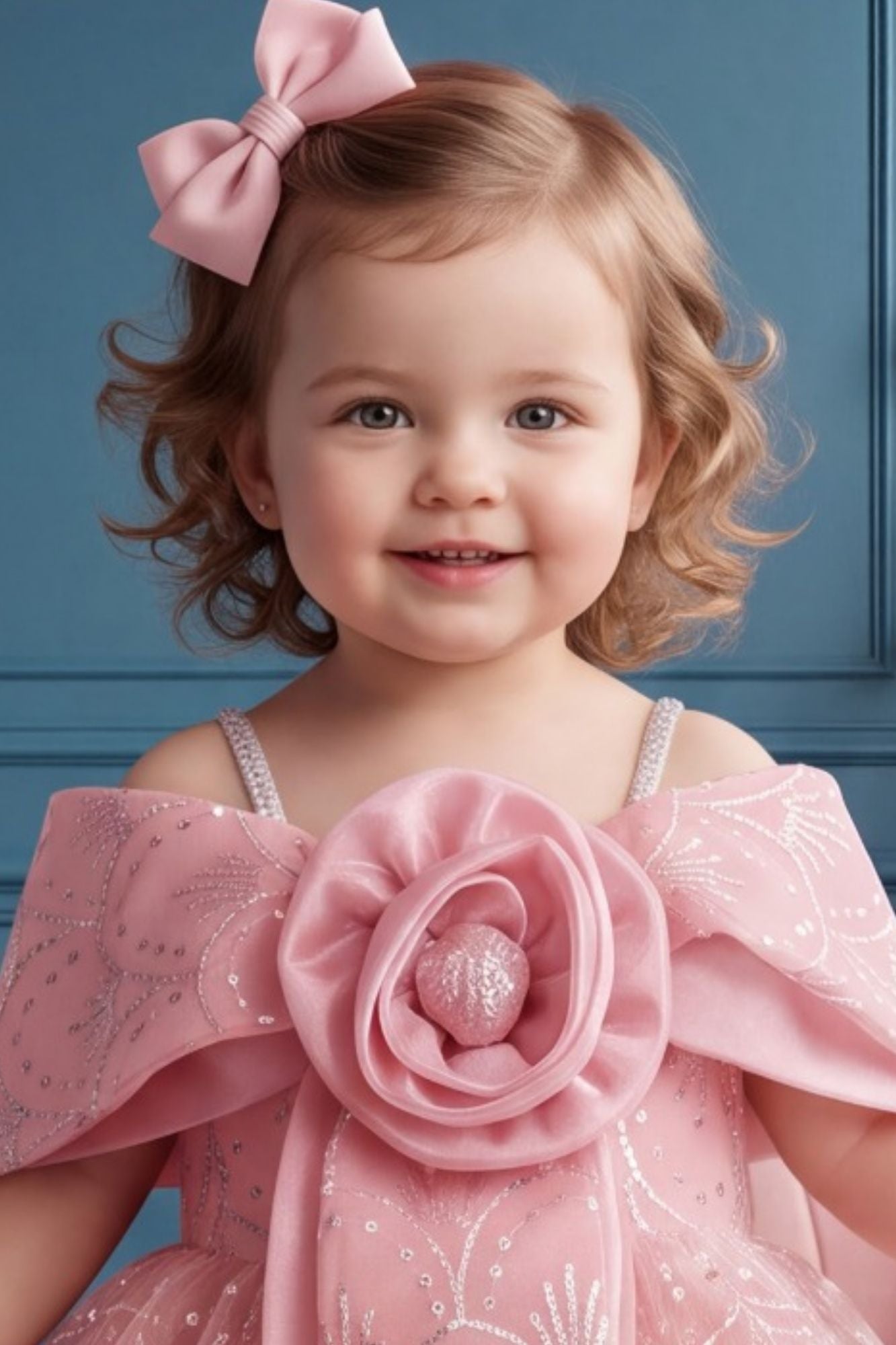 Girls Pink 3D Floral And Sequin Embellished Party Wear Frock