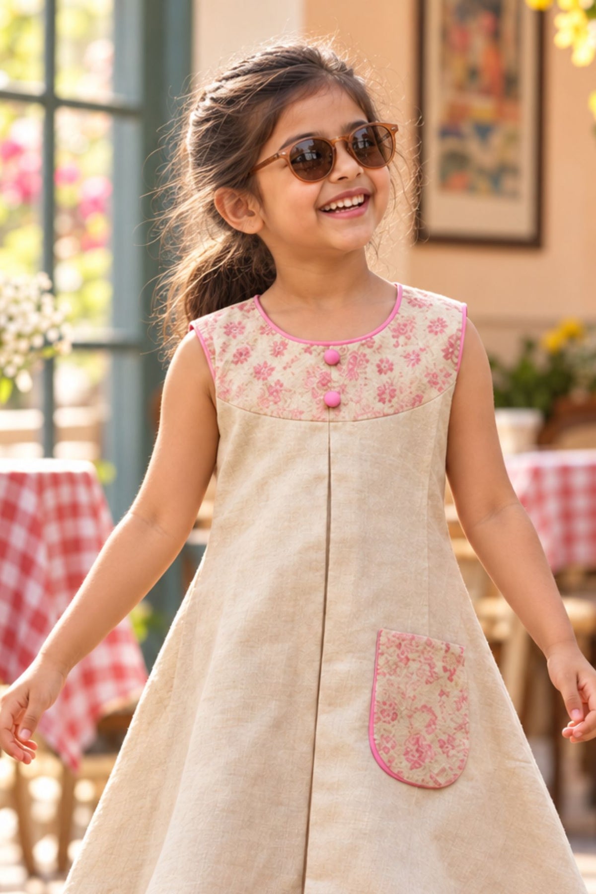 Beige Dress with Embroidered Yoke & Contrast Piping For Girls