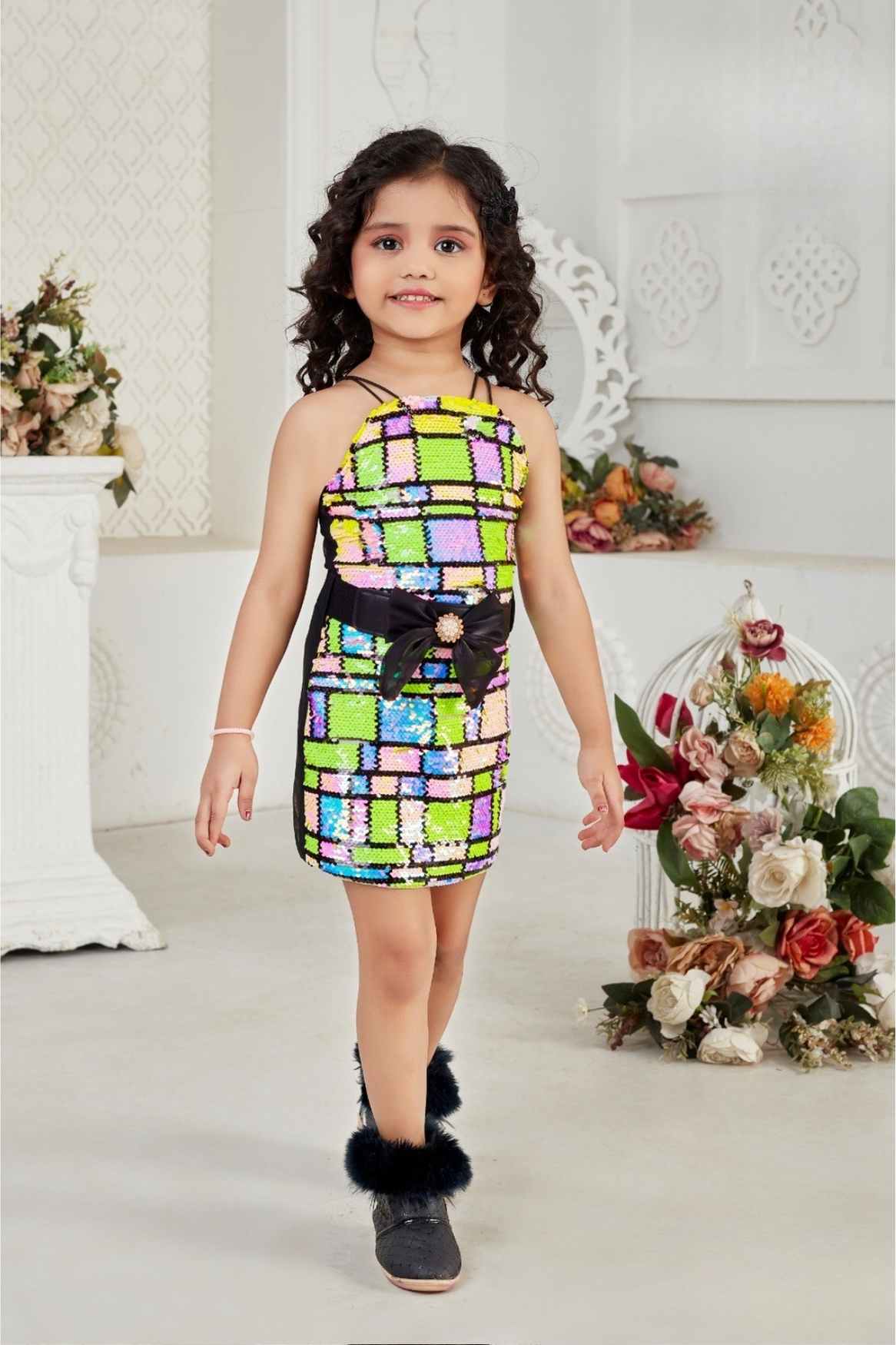 Green Sequin Work Party Wear Dress For Girls