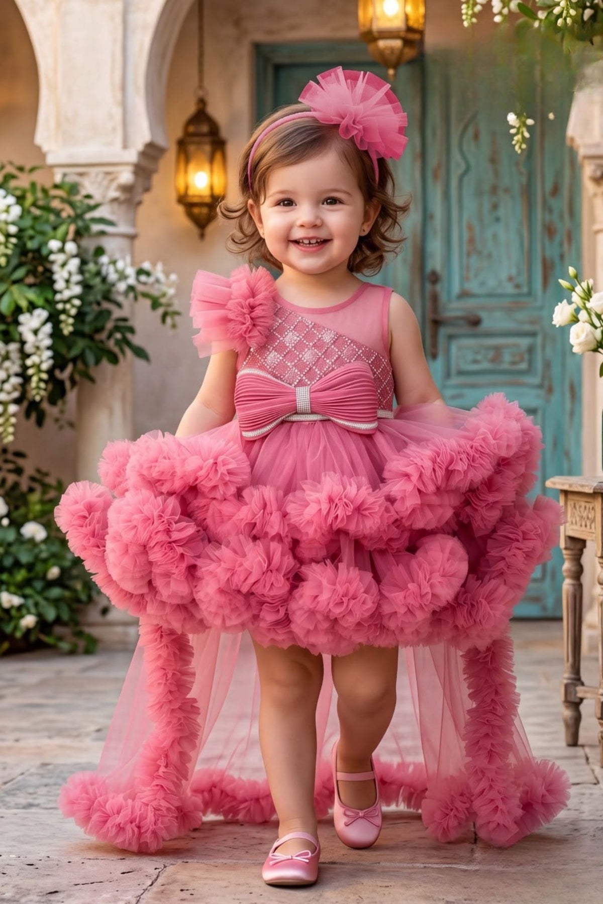 Girls Gajri Pink Sequin Net High-Low Party Frock