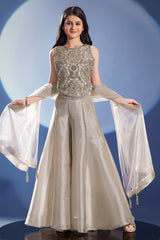 Girls Silver Embroidered Palazzo Set with Sheer Dupatta