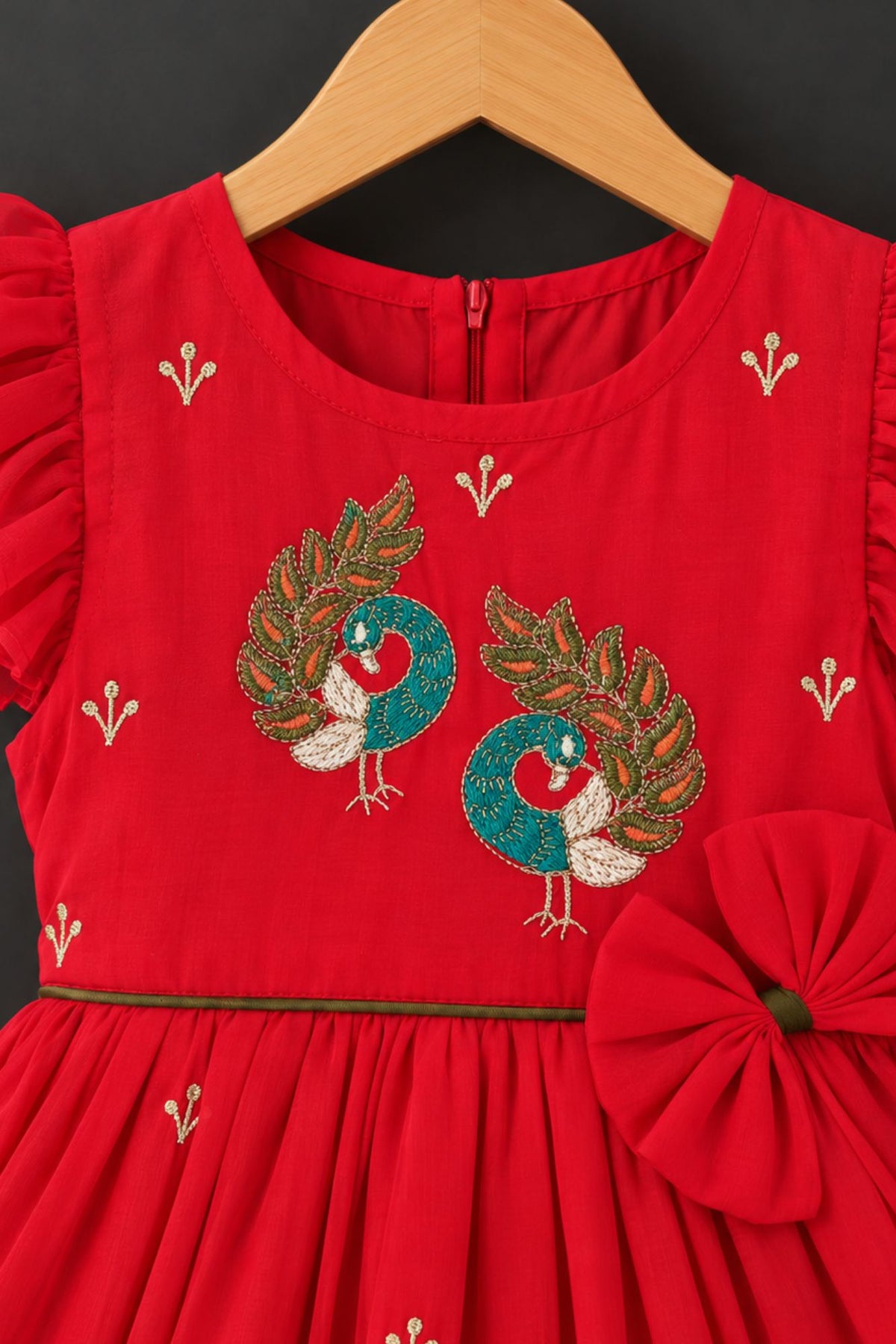 Crimson Red Peacock Embroidered Ruffle Sleeve  Flared Dress For Girls