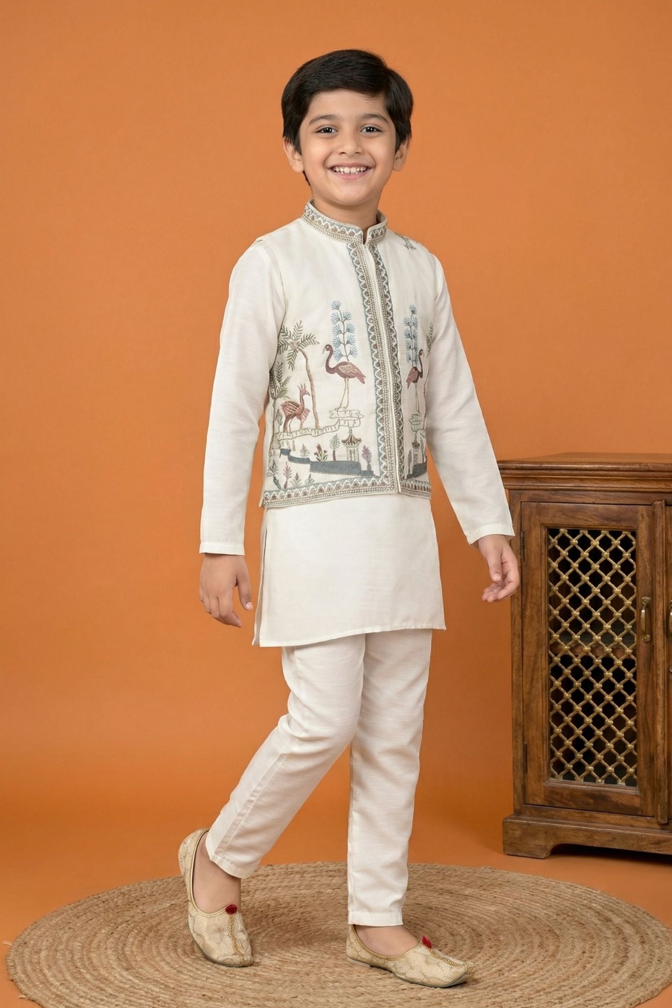Cream Embroidered Kurta Set with Nehru Jacket For Boys