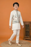 Cream Embroidered Kurta Set with Nehru Jacket For Boys