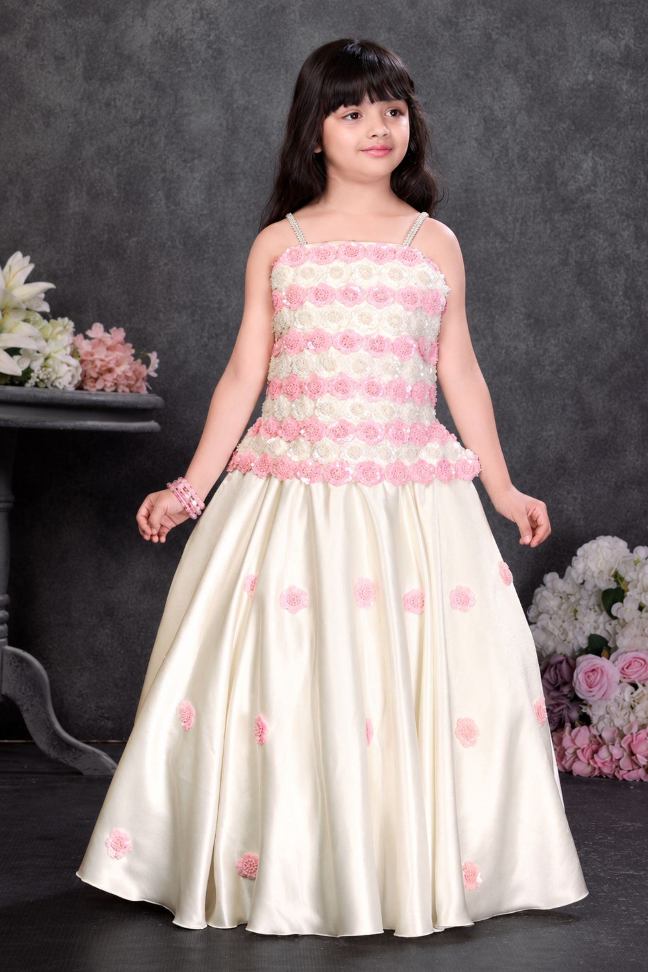 Off White And Pink Floral Applique Party Wear Gown for Girls