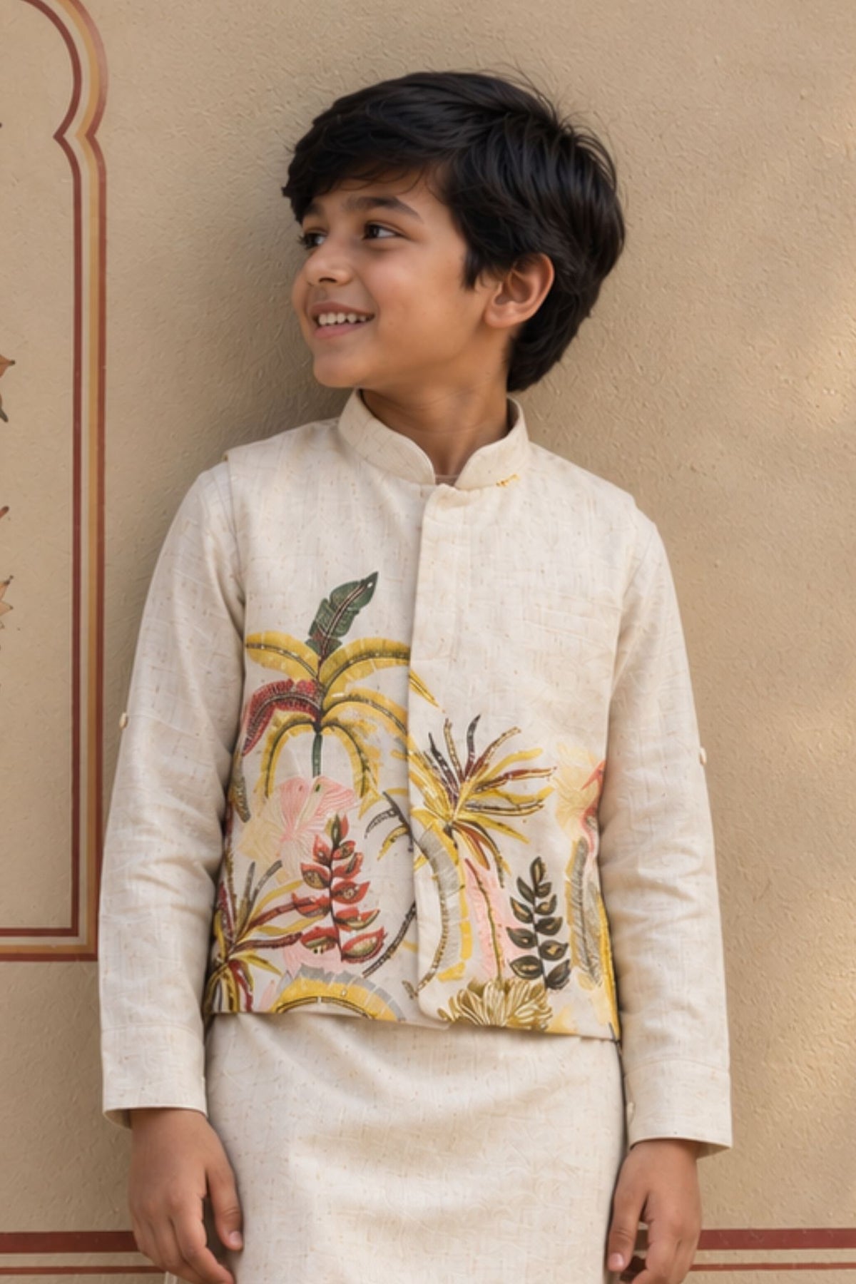 Beige Kurta Set  With Tropical Print Nehru Jacket For Boys