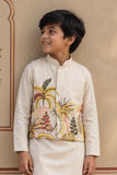Beige Kurta Set  With Tropical Print Nehru Jacket For Boys