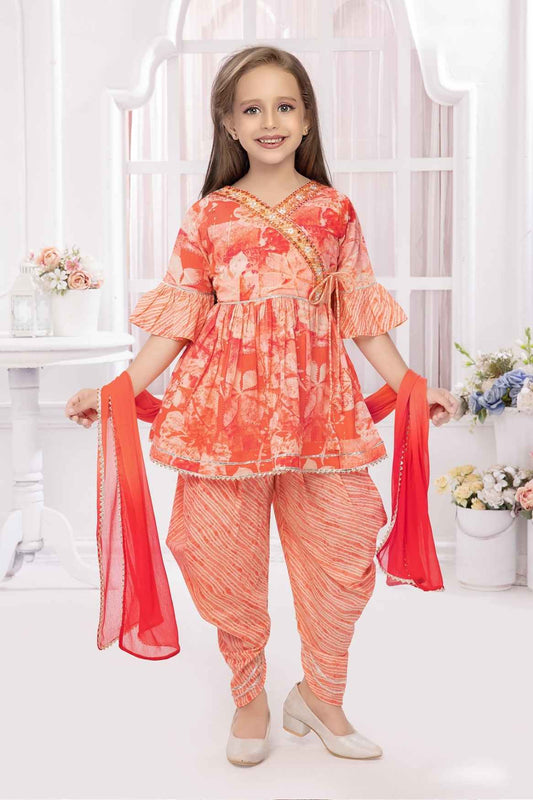 Orange Printed And Embroidered Top With Dhoti Bottom Set For Girls