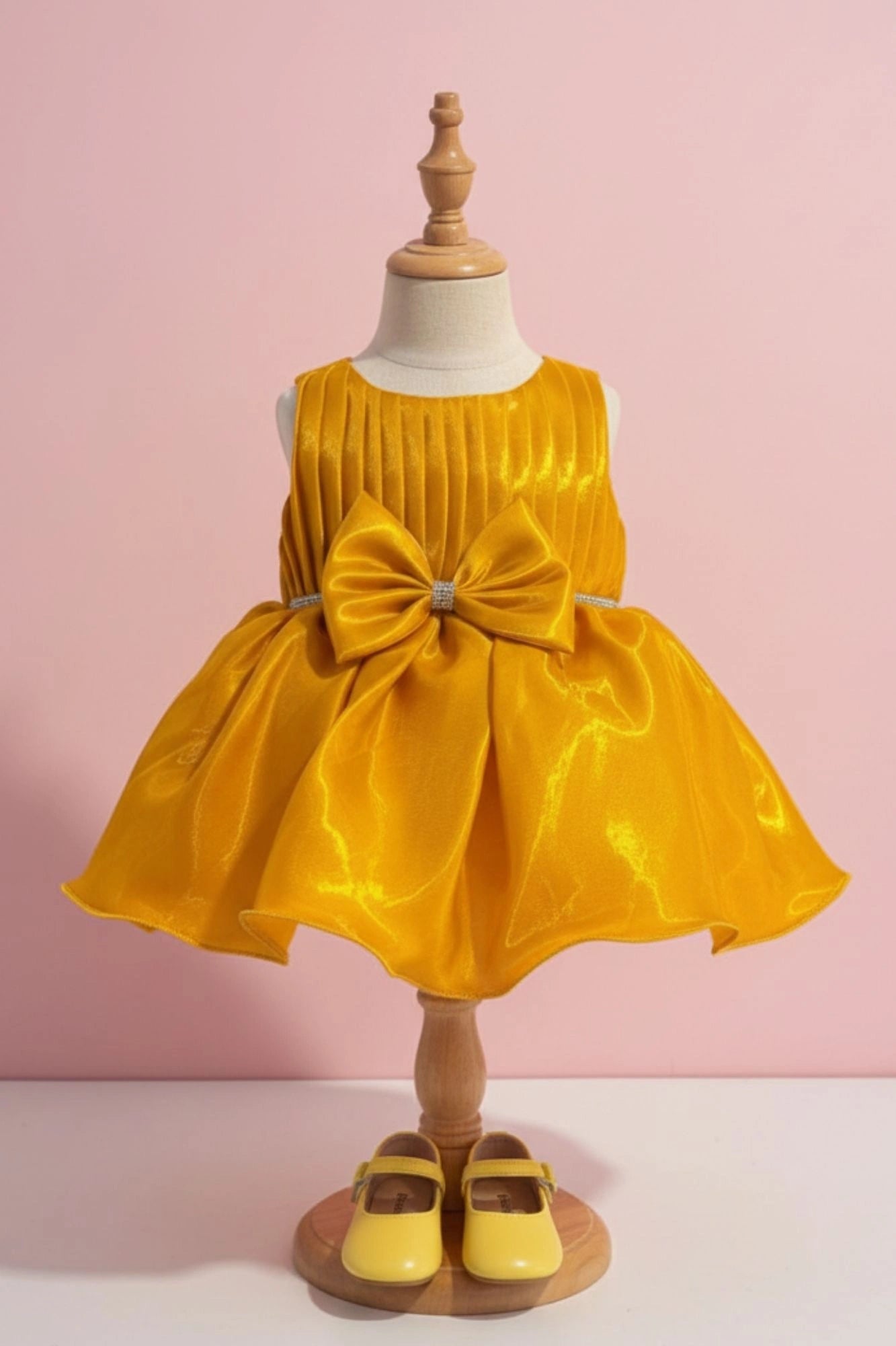 Gold Party Frock with Pleated Bodice and Bow Belt For Girls