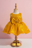 Gold Party Frock with Pleated Bodice and Bow Belt For Girls