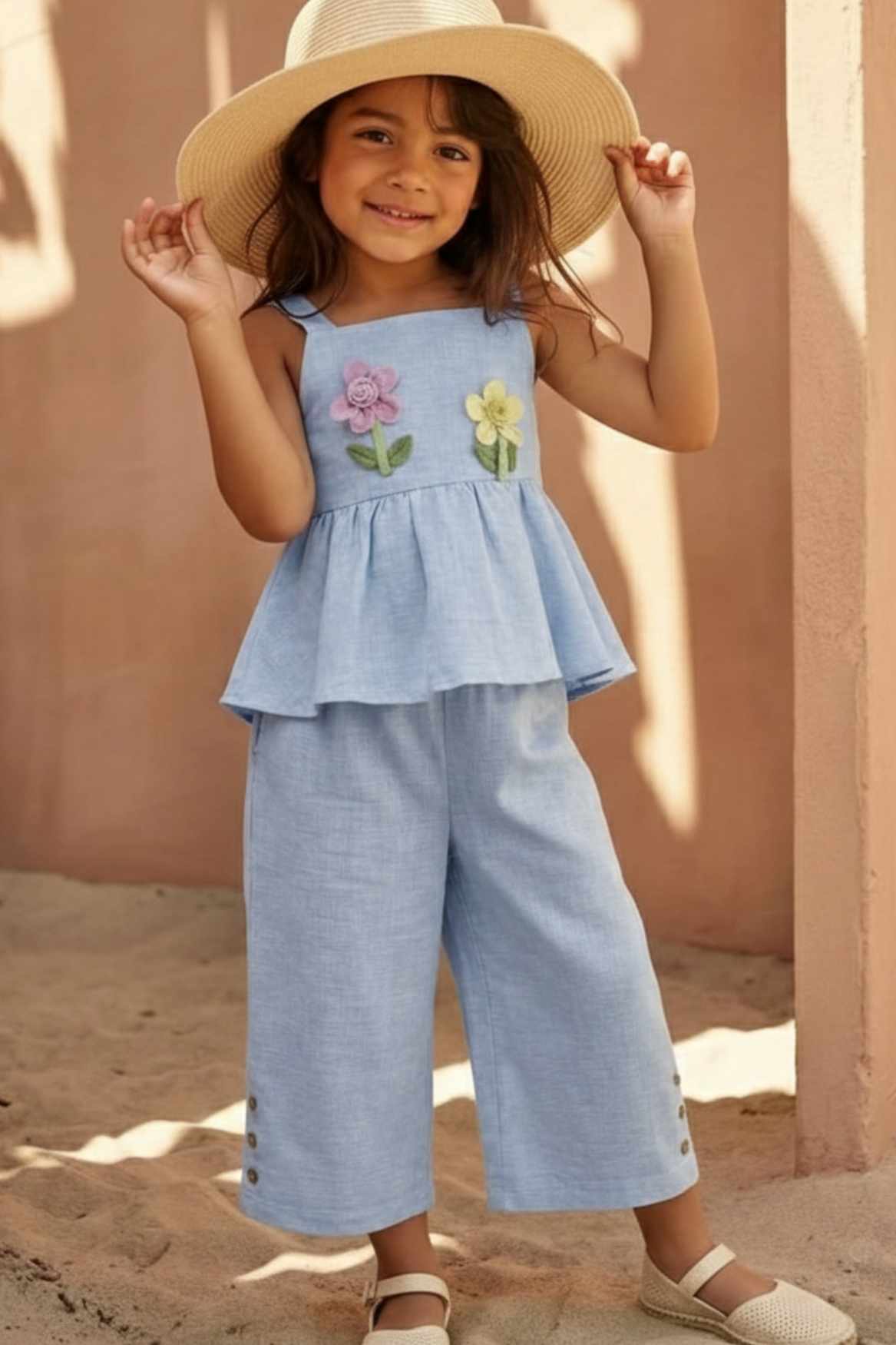 Blue Floral Appliqué And Palazzo Set For Girls