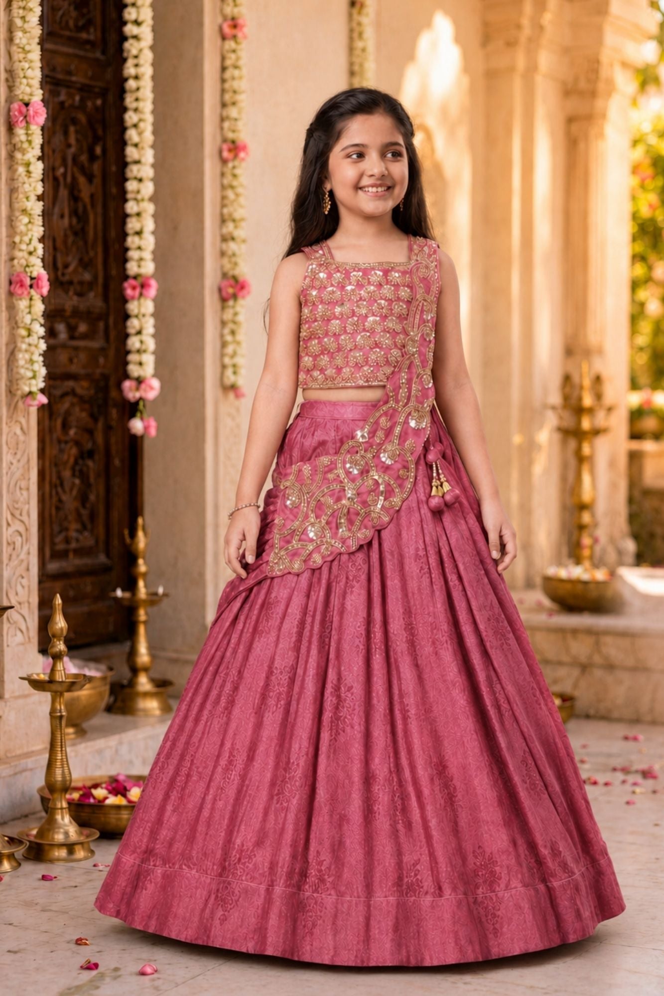 Girls Dusty Rose Embroidered Drape Saree Set
