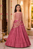 Girls Dusty Rose Embroidered Drape Saree Set