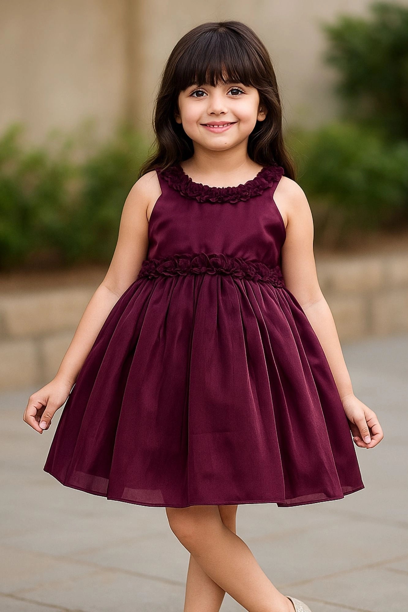Wine Embellished Satin Party Wear Frock with Floral Appliqué Detailing For Girls