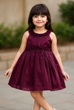 Wine Embellished Satin Party Wear Frock with Floral Appliqué Detailing For Girls