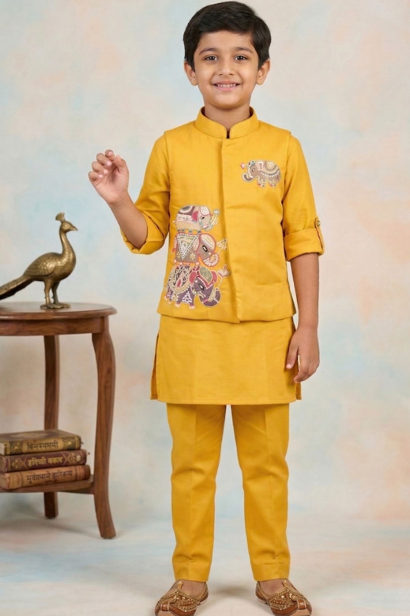 Boys Mustard Yellow Kurta Set with Elephant Embroidered Nehru Jacket