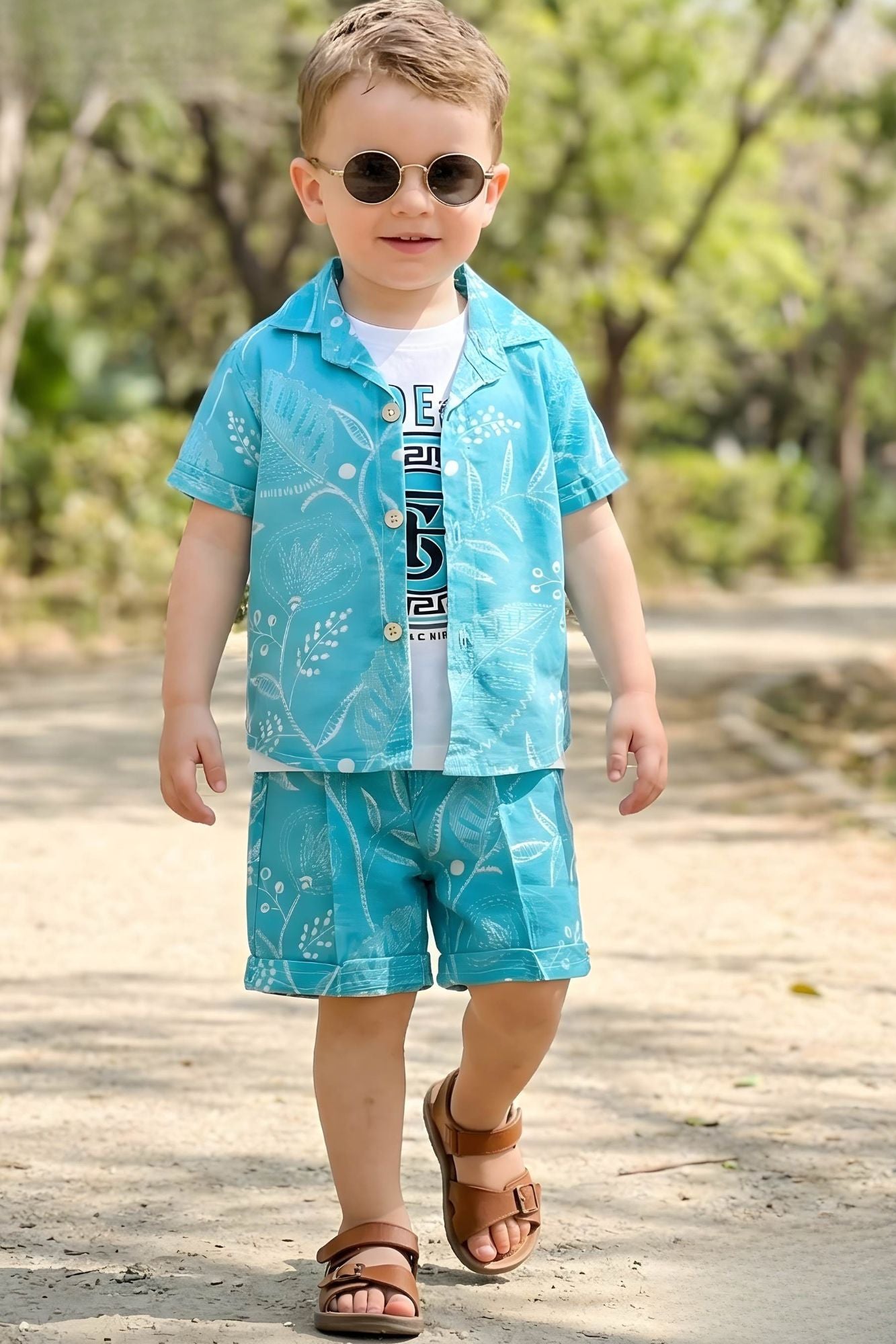 Boys Blue Shorts Set with Printed Shirt And Graphic T-Shirt