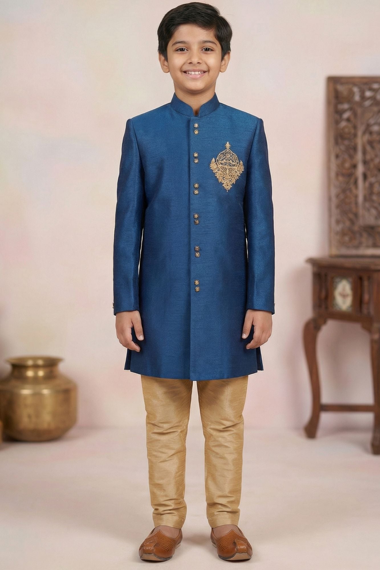 Elegant Boys Royal Blue Sherwani with Gold Motif Embroidery And Pyjama Set