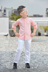 Peach Striped Shirt With White Pant Set For Boys