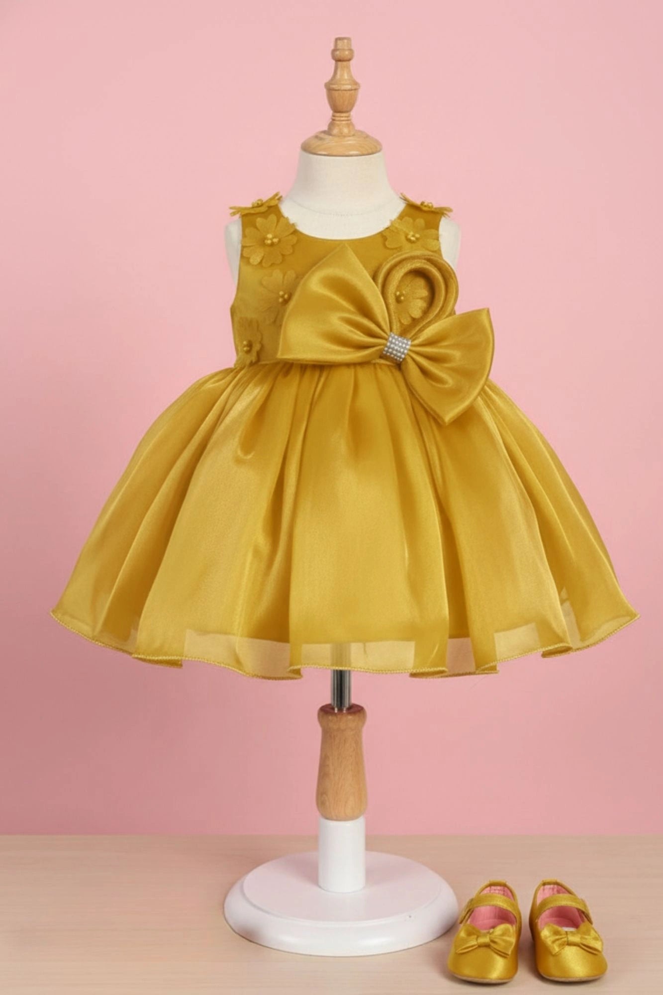 Golden Yellow Party Frock with Statement Bow and 3D Floral Appliqué For Girls