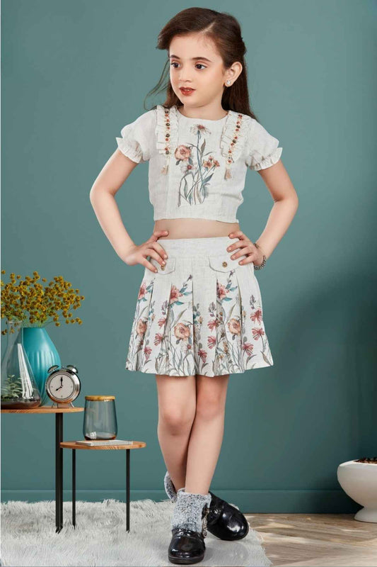 Cream Floral Printed Crop Top And Skirt Set For Girls