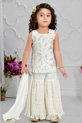 Cream Sequin Sleeveless Sharara Set For Girls