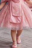 Girls Pink 3D Floral And Sequin Embellished Party Wear Frock