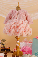 Pink Ruffled And Sequin Frock With Overcoat For Girls