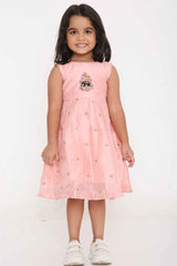 Pink Sleeveless Chanderi Silk Embroidered Frock For Girls